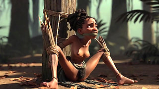 African Girl Bound in Rope Bondage - Hairy Wet Pussy Craving for Cock
