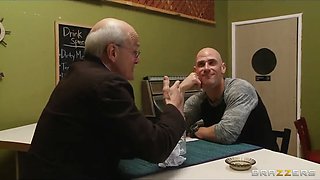 Busty blonde wife helps her man celebrate steak & a blowjob day