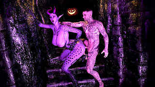 Halloween. Fantasy Tattooed Guy Fucks Sexy Devil with a Big Cock.